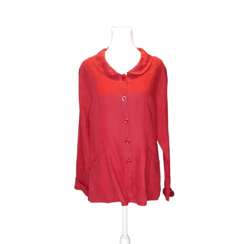 Flax Blouse 100 % Linen Red Button Down Top Lagenlook